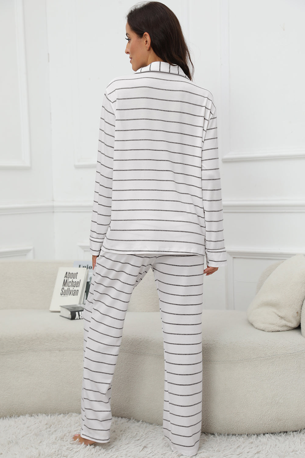 ZARIA DESIGN Striped V-Neck Long Sleeve Top and Pants Lounge Set