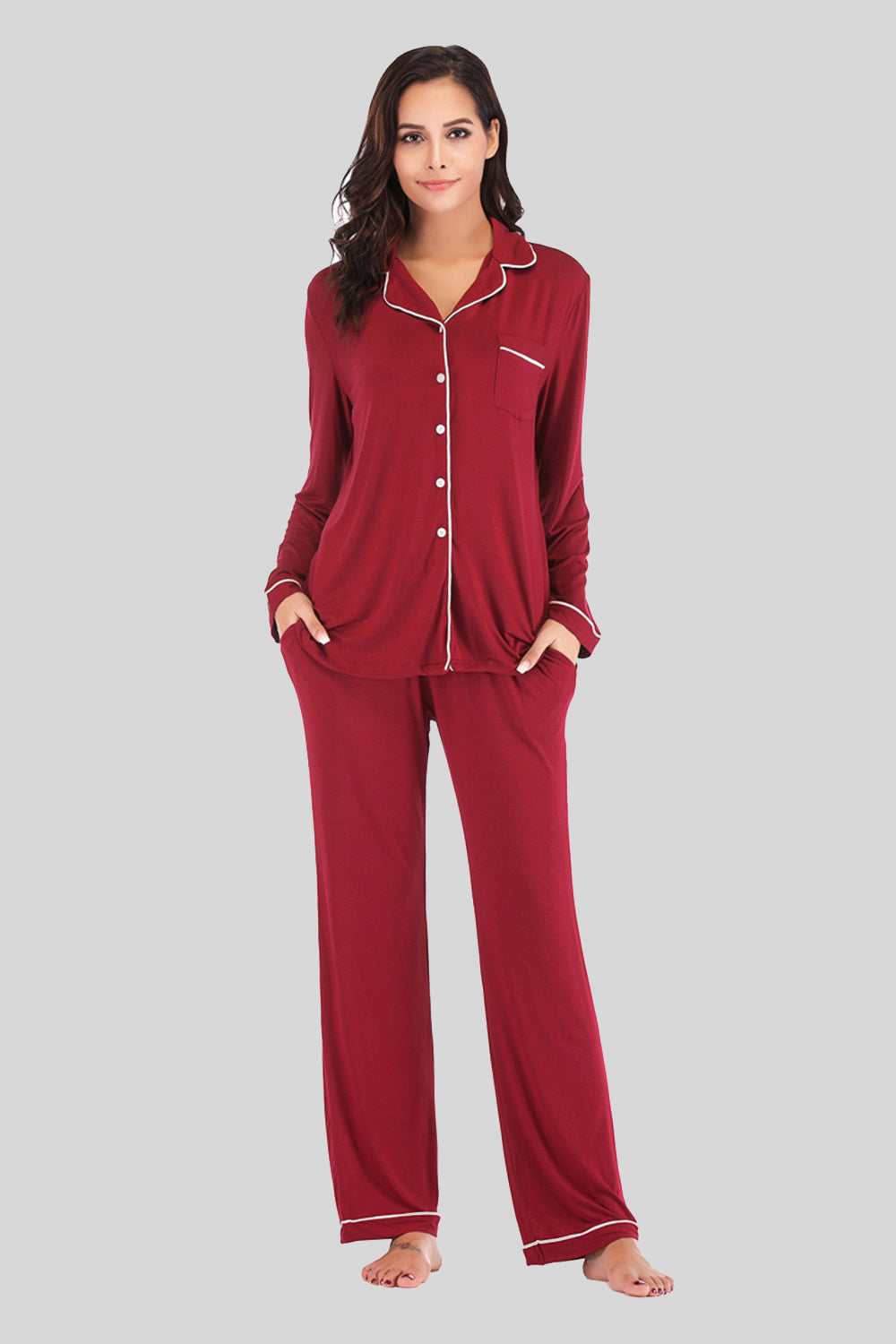 ZARIA DESIGN Collared Neck Long Sleeve Loungewear Set with Pockets