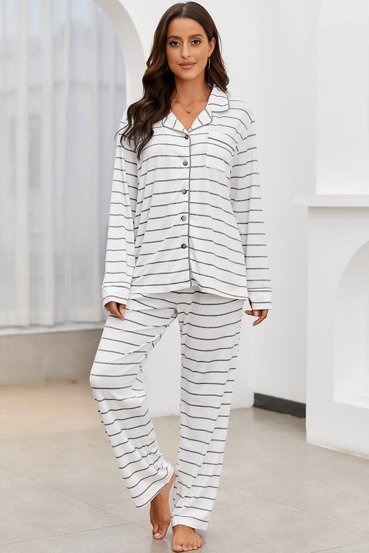 ZARIA DESIGN Striped V-Neck Long Sleeve Top and Pants Lounge Set