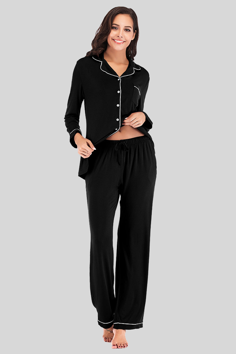 ZARIA DESIGN Collared Neck Long Sleeve Loungewear Set with Pockets