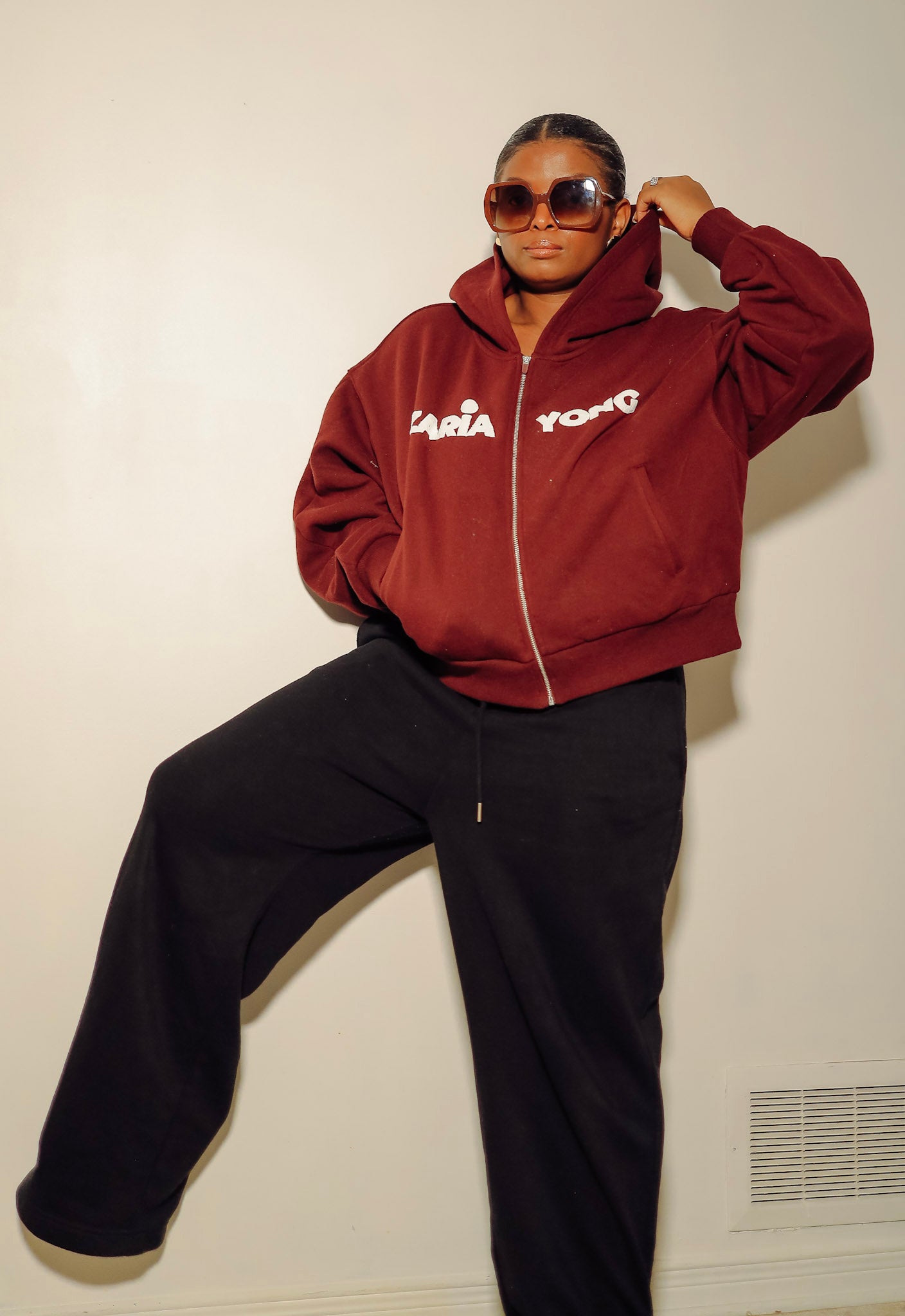 ZARIA DESIGN Fleece zip - up hoodie and pant set H (Dark Red)