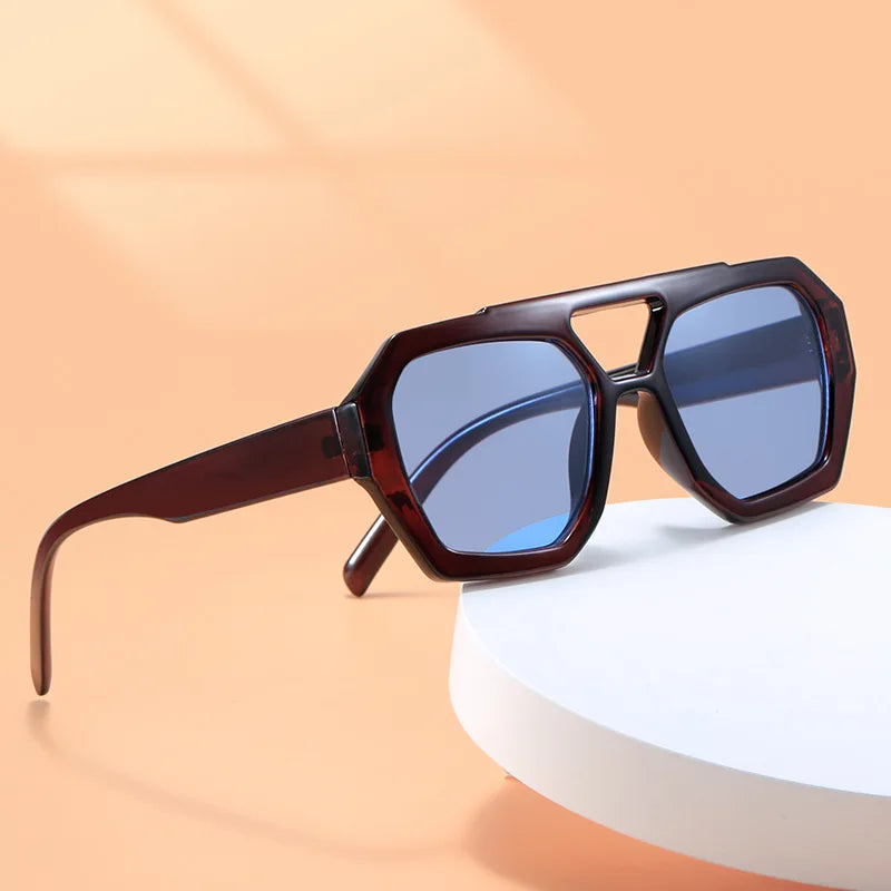 Vintage Square Sunglasses for Women Men Thick Frame Double Bridges Eyewear Female Fashion Chic Polygon Sun Glasses Leopard Blue