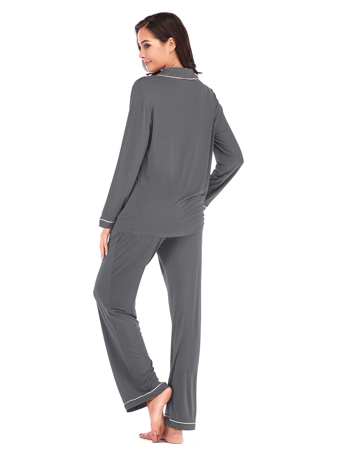 ZARIA DESIGN Collared Neck Long Sleeve Loungewear Set with Pockets