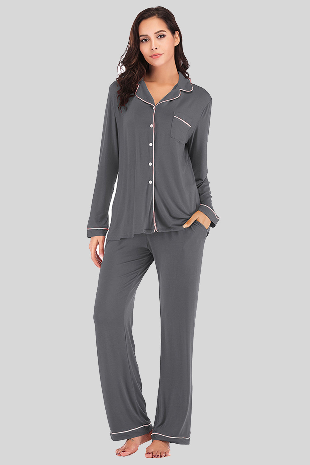 ZARIA DESIGN Collared Neck Long Sleeve Loungewear Set with Pockets