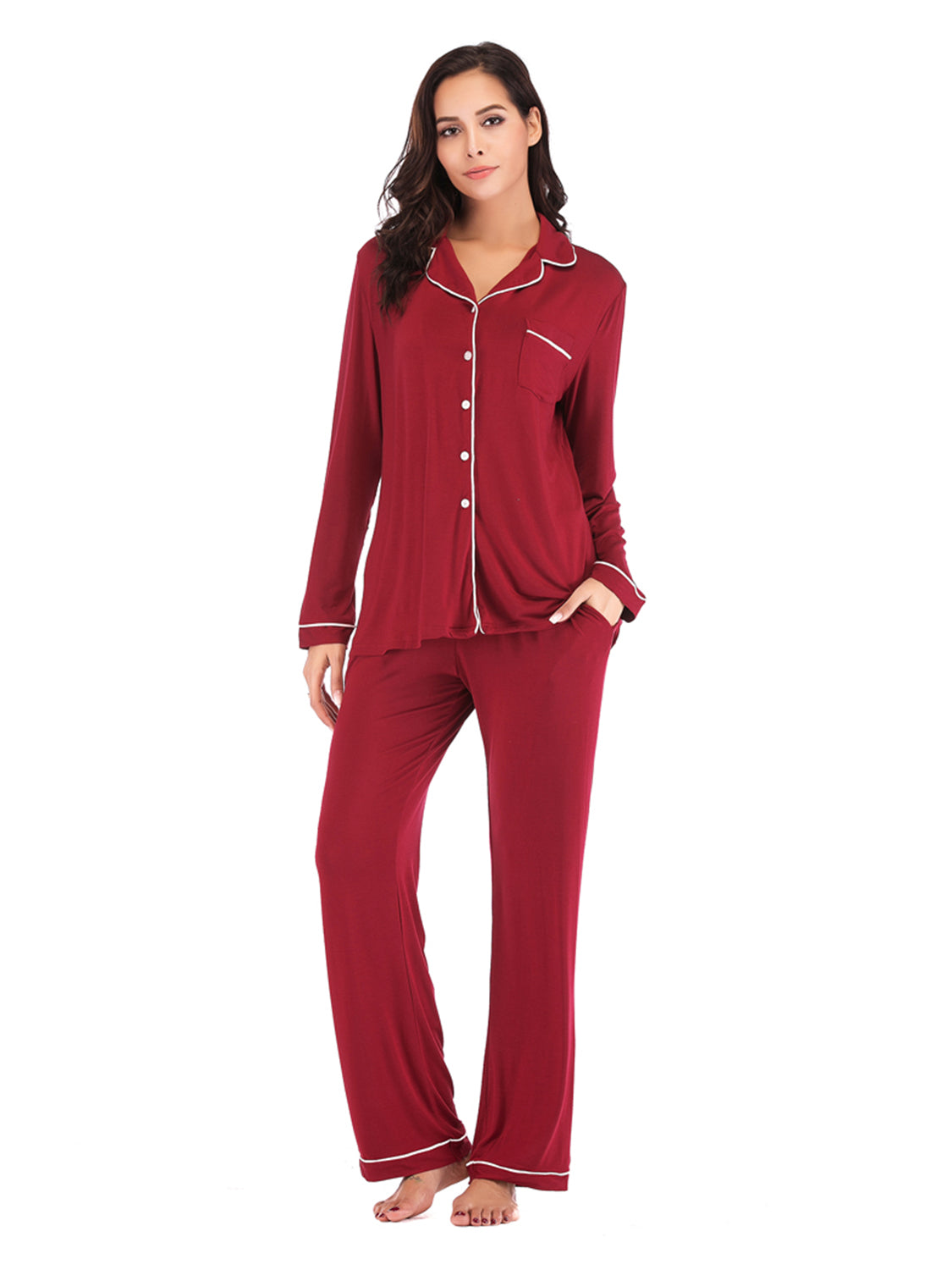 ZARIA DESIGN Collared Neck Long Sleeve Loungewear Set with Pockets