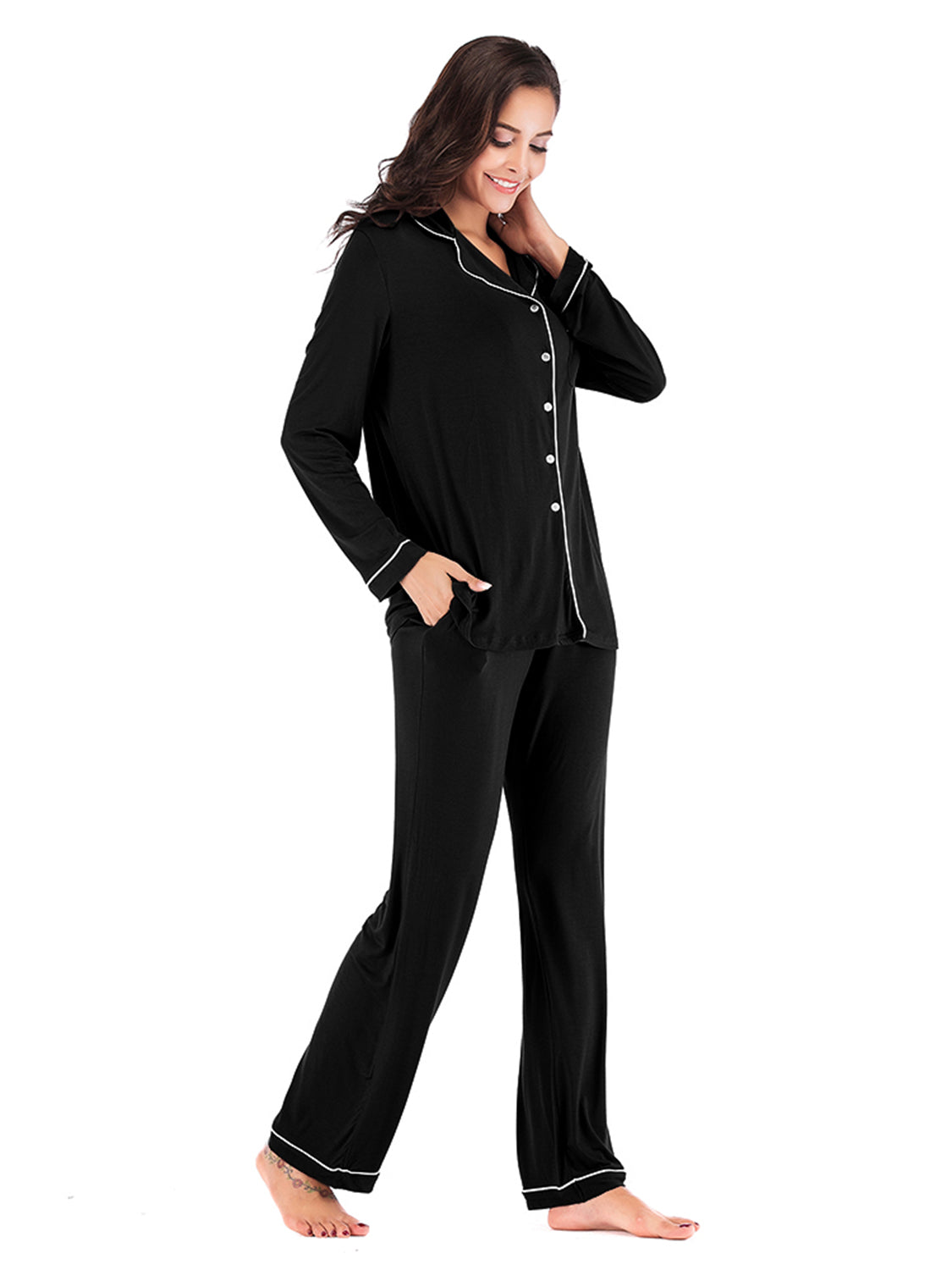 ZARIA DESIGN Collared Neck Long Sleeve Loungewear Set with Pockets